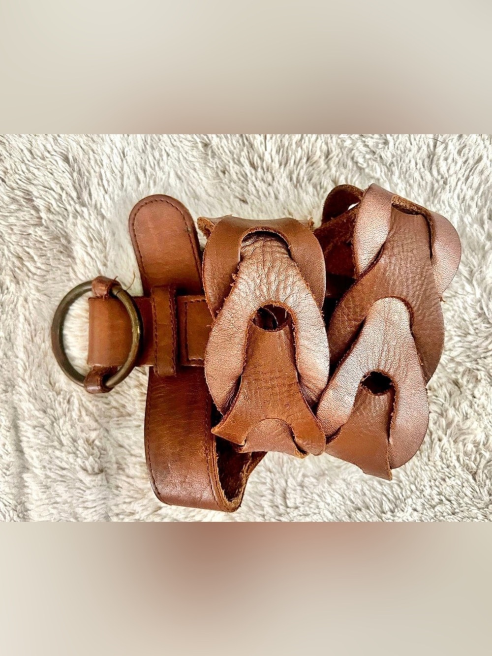 Vintage Hollister Brown and Metallic Rose Leather Belt Size with Round Buckle M/